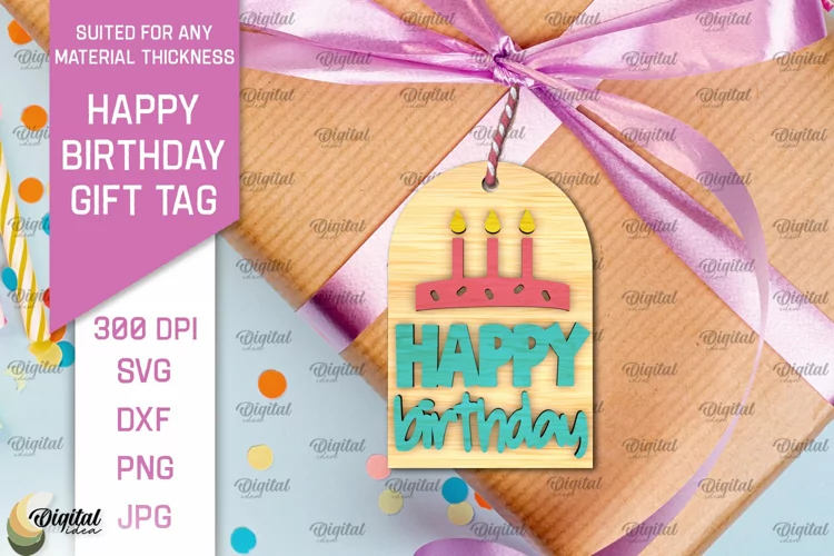 3D Happy Birthday Gift Tag Lasercut. Present label SVG