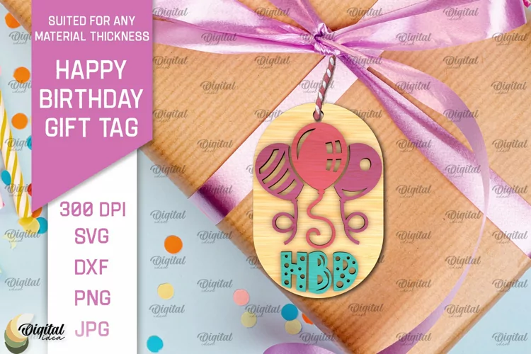 3D Happy Birthday Gift Tag Lasercut. Present label SVG
