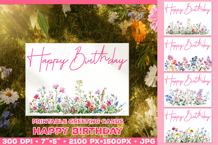 Watercolor Wildflower Happy Birthday Greeting Card Template