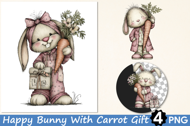 Happy Bunny With Carrot Gift Clipart