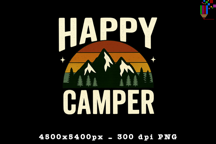 Happy Camper PNG Retro Mountain Outdoor Adventure Design