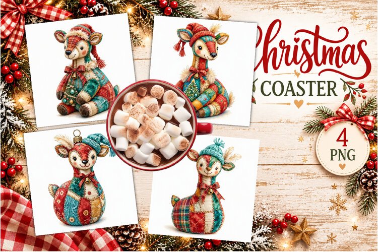 Patchwork Christmas Reindeer Coasters | Cute animals example image 1