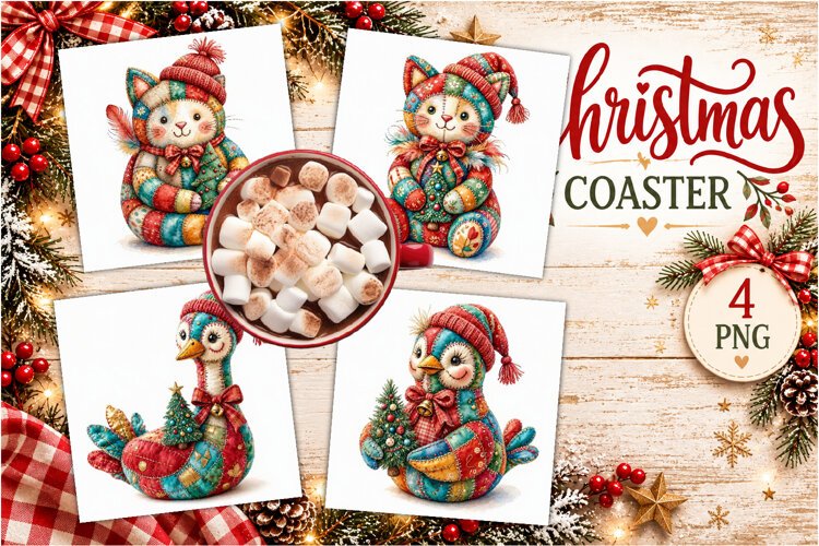 Patchwork Christmas Reindeer Coasters | Cute animals example image 1