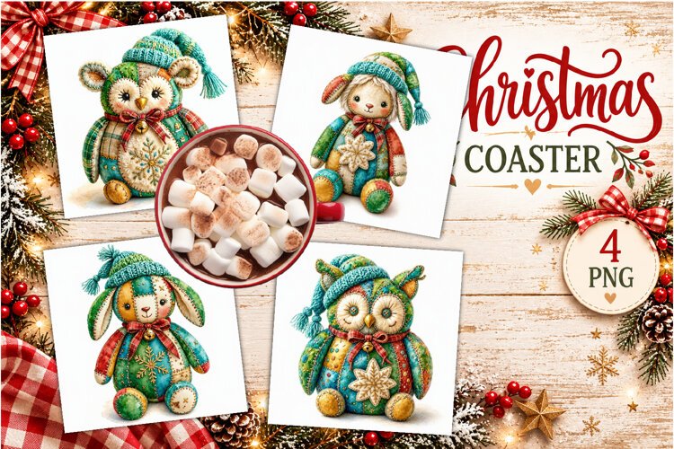 Patchwork Christmas Reindeer Coasters | Cute animals example image 1