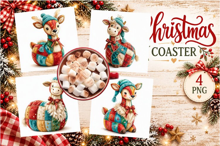 Patchwork Christmas Reindeer Coasters | Cute animals example image 1