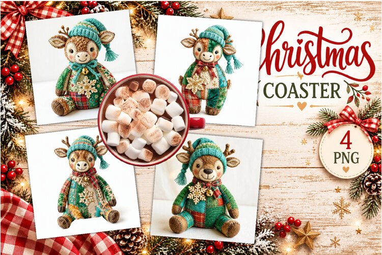 Patchwork Christmas Reindeer Coasters | Cute animals example image 1