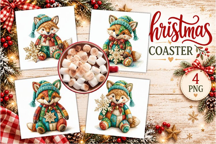 Patchwork Christmas Reindeer Coasters | Cute animals example image 1