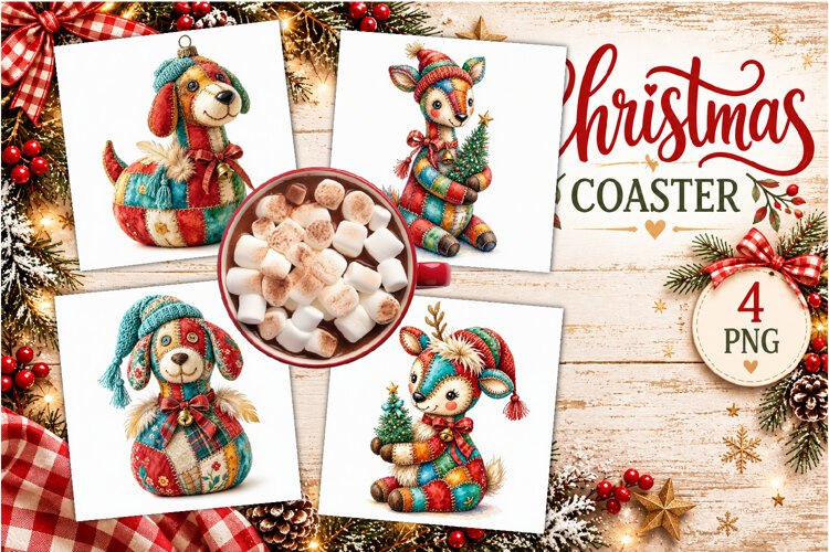 Patchwork Christmas Reindeer Coasters | Cute animals example image 1