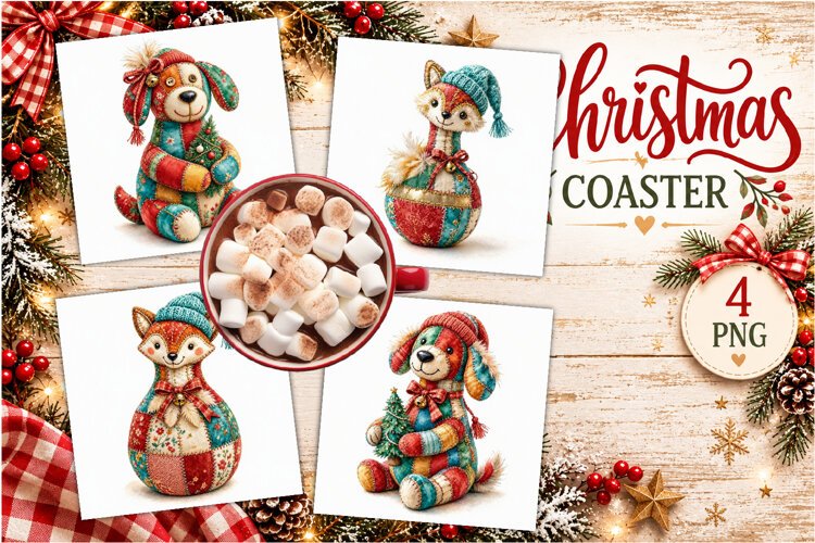 Patchwork Christmas Reindeer Coasters | Cute animals example image 1