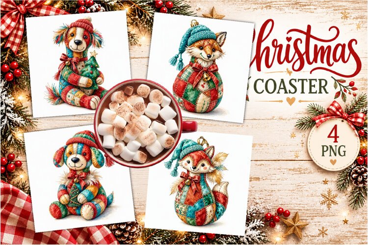 Patchwork Christmas Reindeer Coasters | Cute animals example image 1