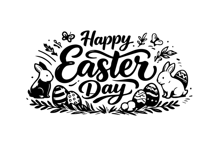 Happy Easter Day Black and White Lettering Horizontal Design