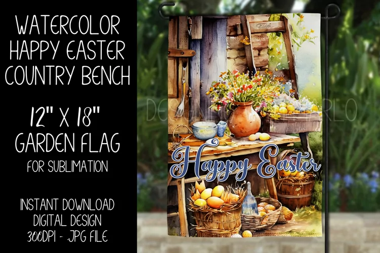 Watercolor Country Bench Easter Garden Flag Sublimation