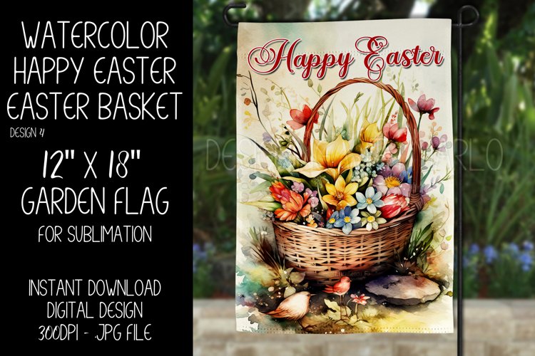 Watercolor Happy Easter Basket Garden Flag Sublimation, d4