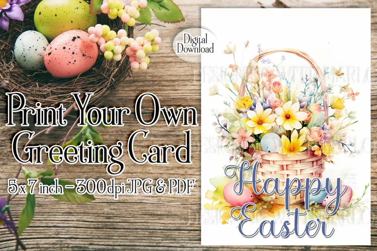 Easter Card, Happy Easter Basket Printable Greeting Card, d1