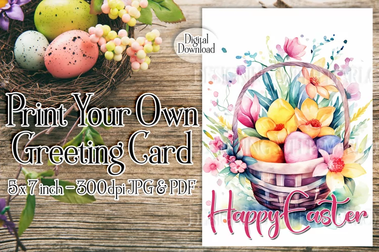 Easter Card, Happy Easter Basket Printable Greeting Card, d2