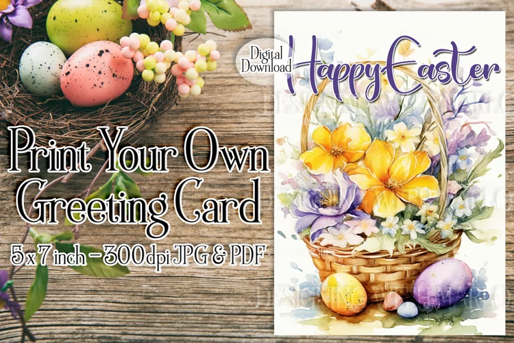Easter Card, Happy Easter Basket Printable Greeting Card, d3
