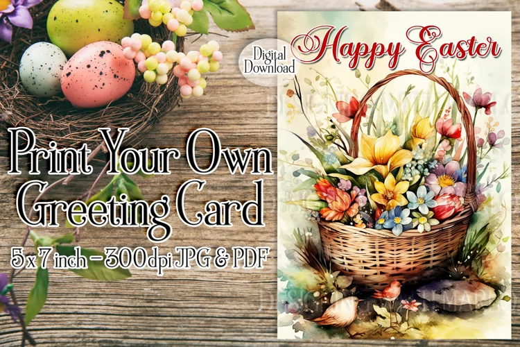 Easter Card, Happy Easter Basket Printable Greeting Card, d4