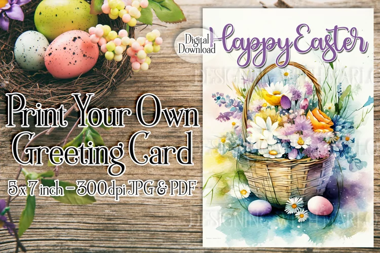 Easter Card, Happy Easter Basket Printable Greeting Card, d5