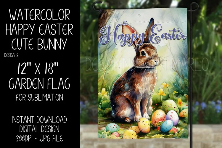Watercolor Happy Easter Cute Bunny Garden Flag Sublimation 2