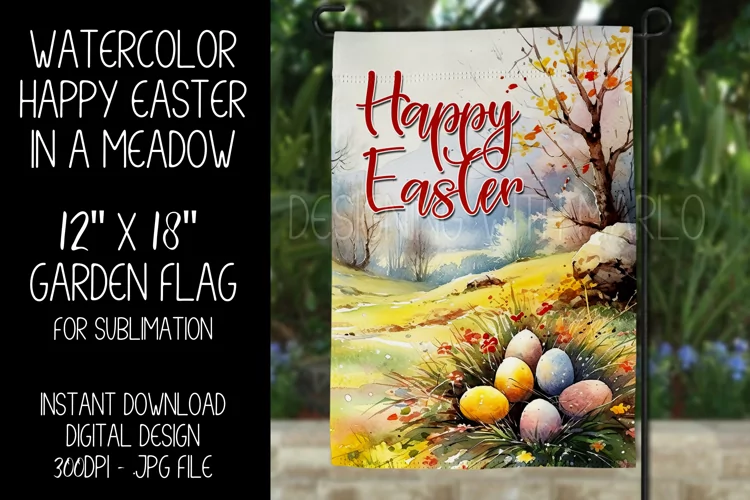 Watercolor Happy Easter Meadow Garden Flag Sublimation