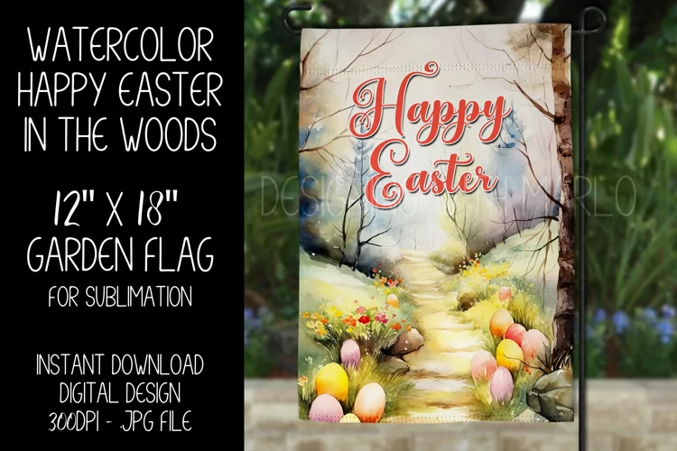 Watercolor Happy Easter In the Woods Garden Flag Sublimation