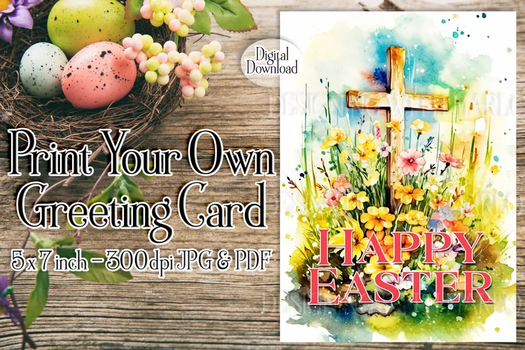 Easter Card, Happy Easter Cross Printable Greeting Card, d1