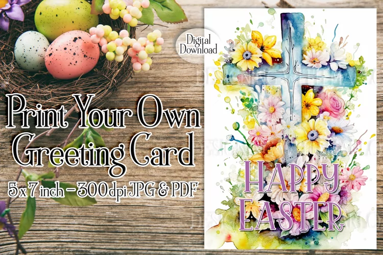 Easter Card, Happy Easter Cross Printable Greeting Card, d3