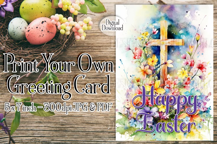 Easter Card, Happy Easter Cross Printable Greeting Card, d4