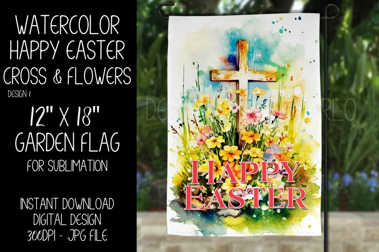 Watercolor Happy Easter Cross Flowers Garden Flag Design 1
