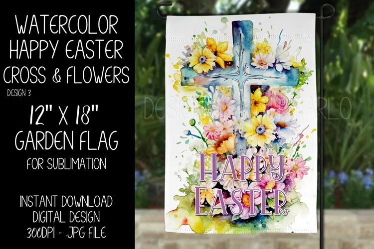 Watercolor Happy Easter Cross Flowers Garden Flag Design 3