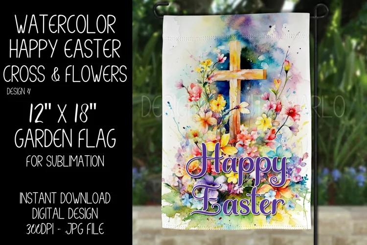 Watercolor Happy Easter Cross Flowers Garden Flag Design 4