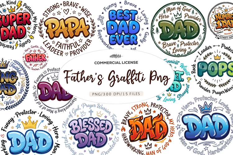 Fathers Day Graffiti PNG Bundle Super Dad, Papa, Pops,