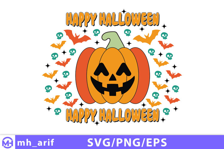 Retro Happy Halloween SVG PNG T-shirt Design example image 1