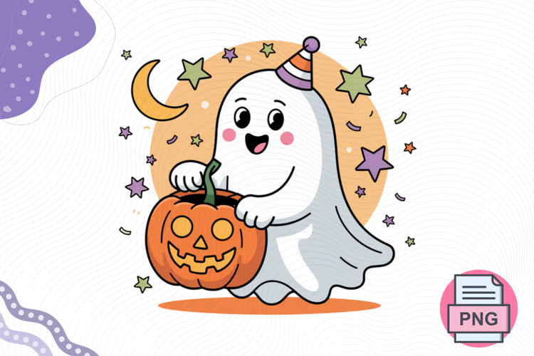 Adorable Kawaii Ghost with Jack-o-Lantern - Happy Halloween