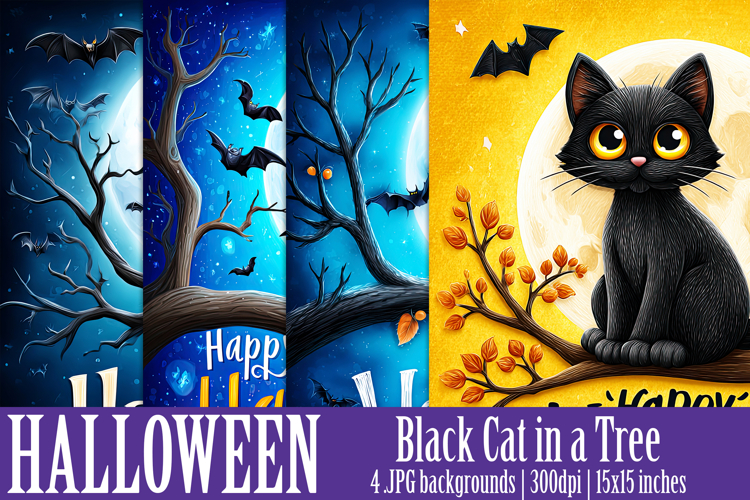 Halloween Backgrounds, Halloween Black Cat in Tree Backgroun