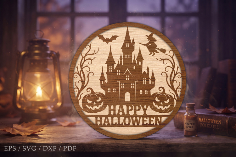 Happy Halloween Castle Laser Cut SVG,Round Wooden