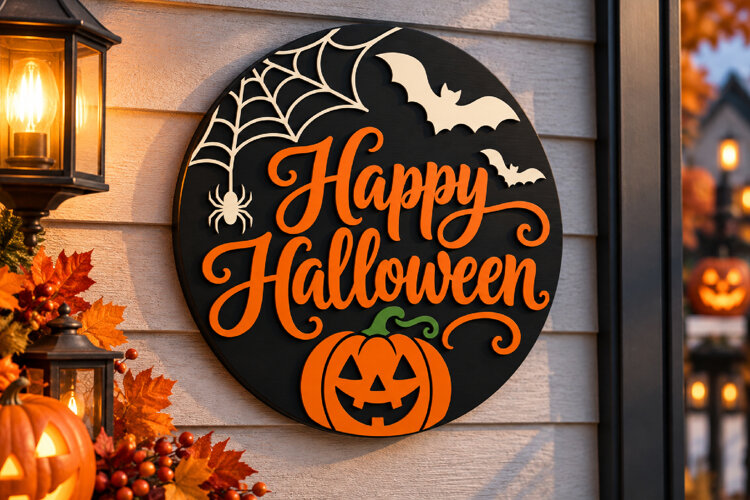 Happy Halloween Door Hanger SVG, Ornament Laser Cut Files example image 1