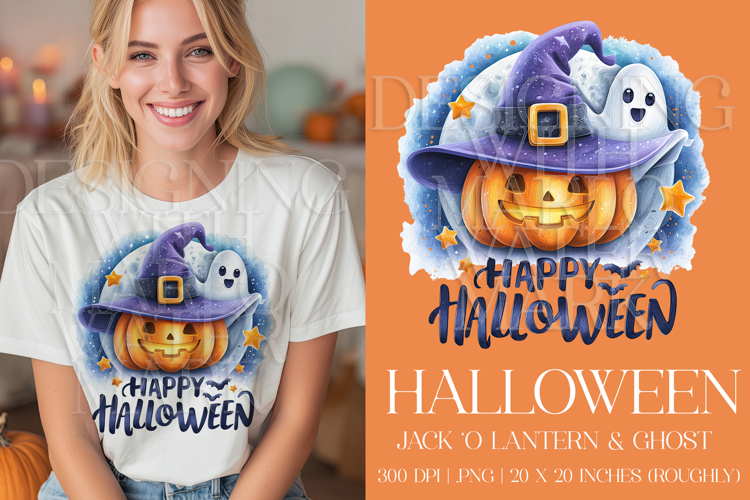 Happy Halloween Graphic, Halloween PNG, Pumpkin and Ghost, 1