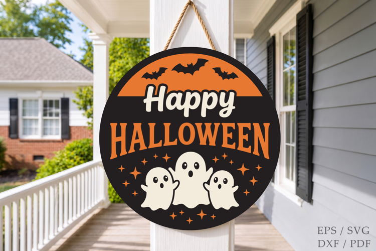 Happy Halloween Ghost Laser Cut SVG,Round Wooden Door Hanger