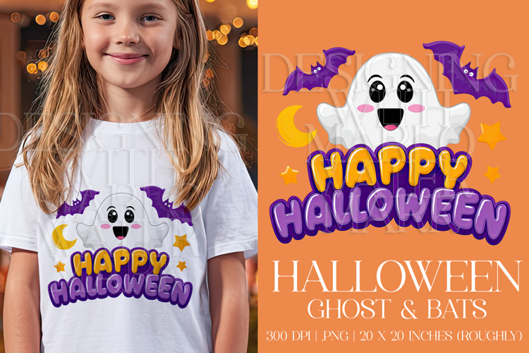 Happy Halloween Graphic, Halloween PNG,Ghost and Bats, g1