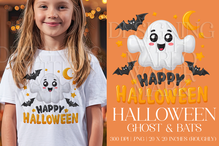 Happy Halloween Graphic, Halloween PNG,Ghost and Bats, g2