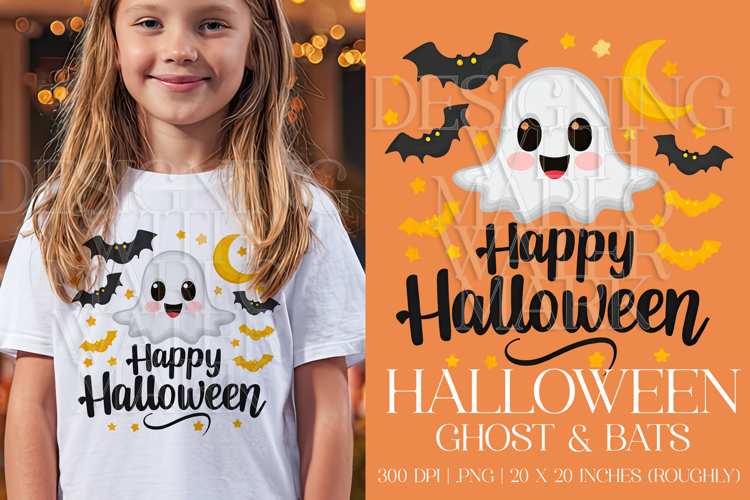 Happy Halloween Graphic, Halloween PNG,Ghost and Bats, g3