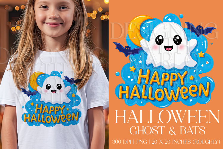 Happy Halloween Graphic, Halloween PNG,Ghost and Bats, g5