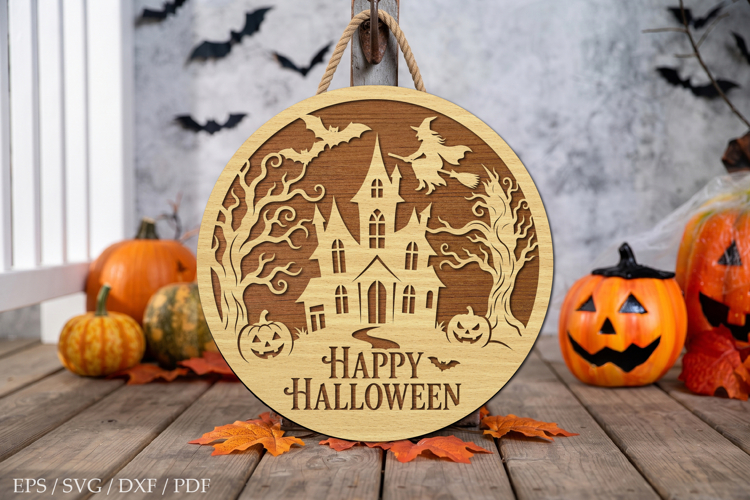 Happy Halloween Haunted House Round Door Hanger SVG,Wooden