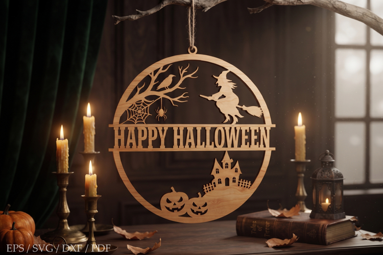 Happy Halloween Laser Cut SVG,Witch Round Wooden Door Hanger