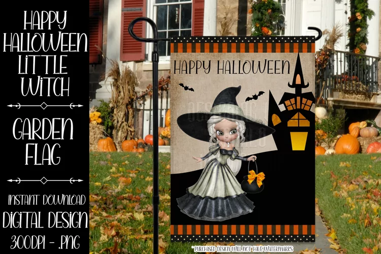 Happy Halloween Little Blond Hair Witch Garden Flag Design