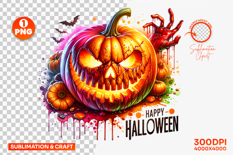 Happy Halloween Scary Pumpkin Clipart PNG Sublimation Design