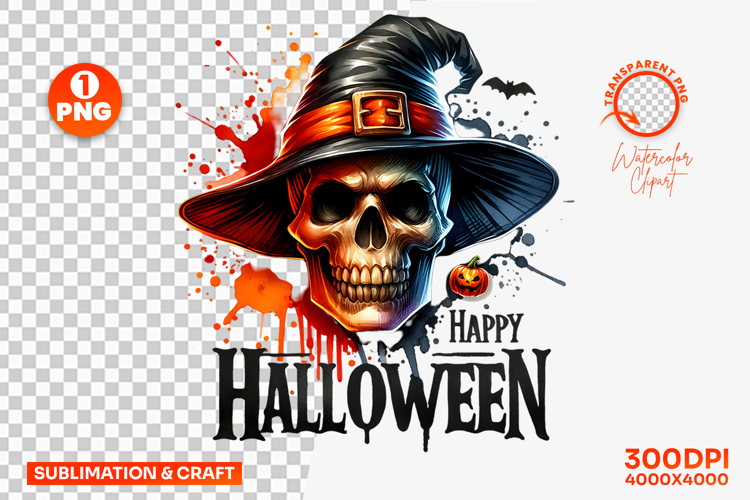Happy Halloween Skull Witch Hat Sublimation Clipart PNG