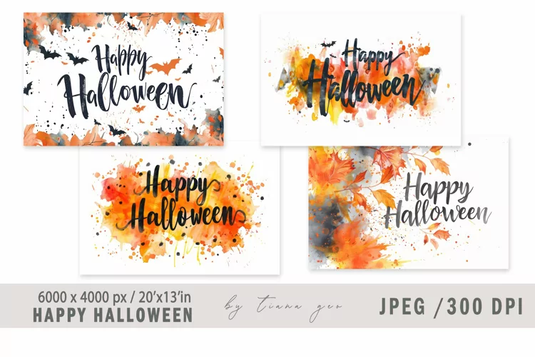 Watercolor Happy Halloween inscription - 4 jpeg files