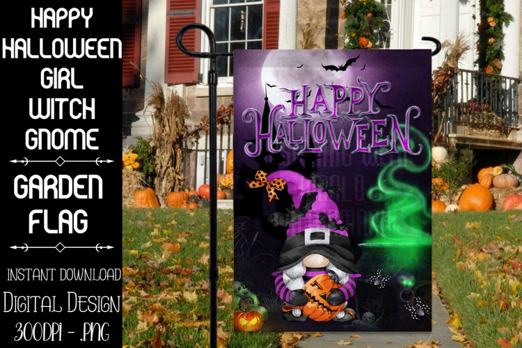 Happy Halloween Girl Gnome Witch Garden Flag Sublimation
